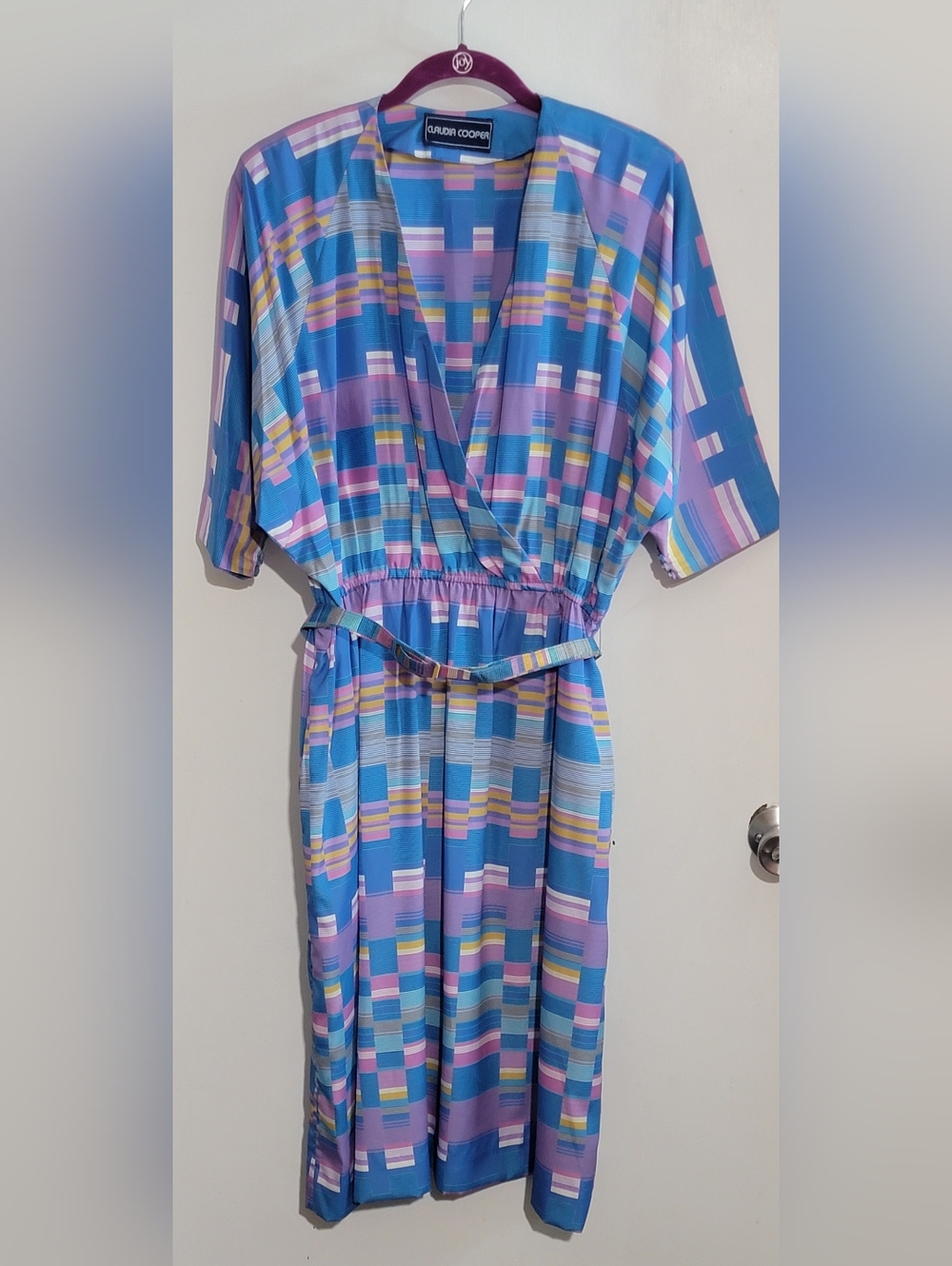 Vintage 70's Blue Geometric Print Midi Dress with Matching Belt - Picture 3 of 10